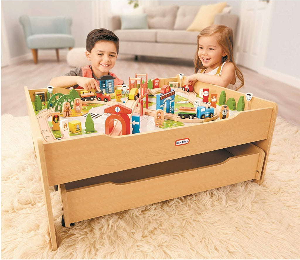 Deluxe Over 80 Piece Hand Painted Wooden Train Table Set with Tracks, Trains & Accessories O29456