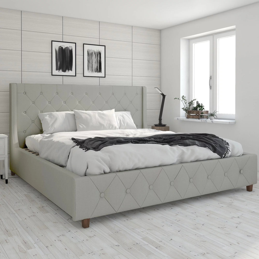King Light Gray Linen Upholstered Bed V743508