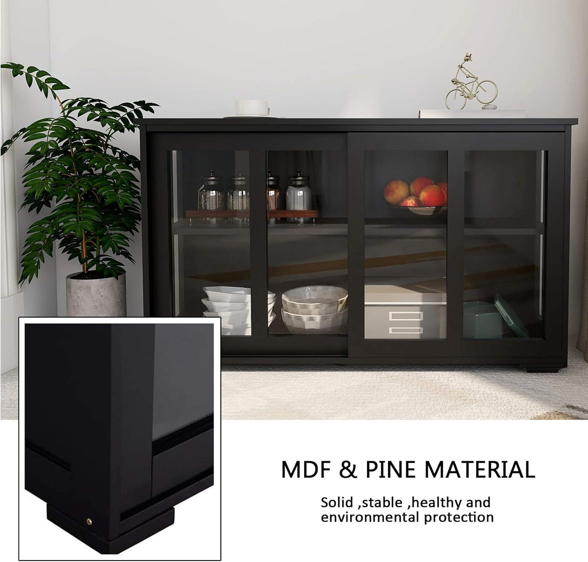 Antique Black Wooden Buffet Sideboard with Sliding Door and Adjustable Shelf N661