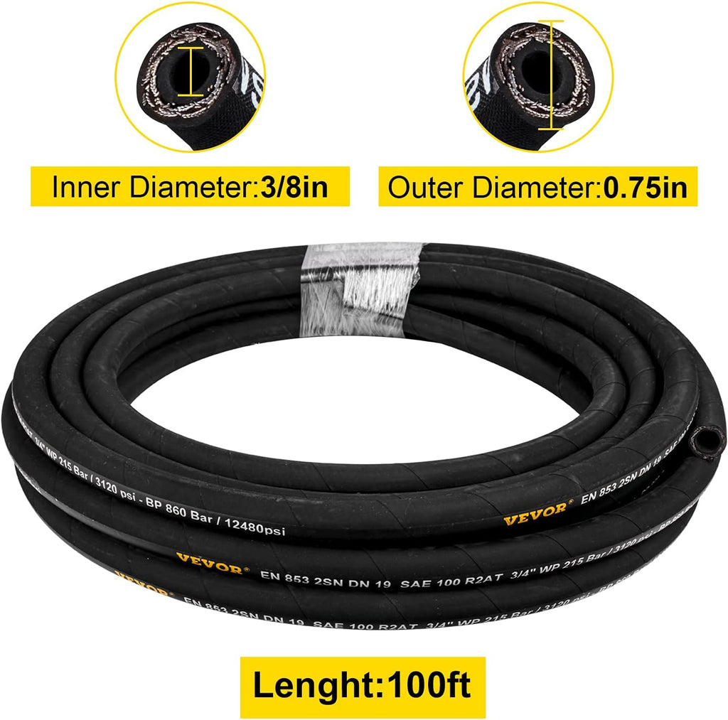 Hydraulic Hose 3/8 inch x 100 ft, 4800 PSI, Rubber, with 2 High-Tensile Steel Wire Braid K219390