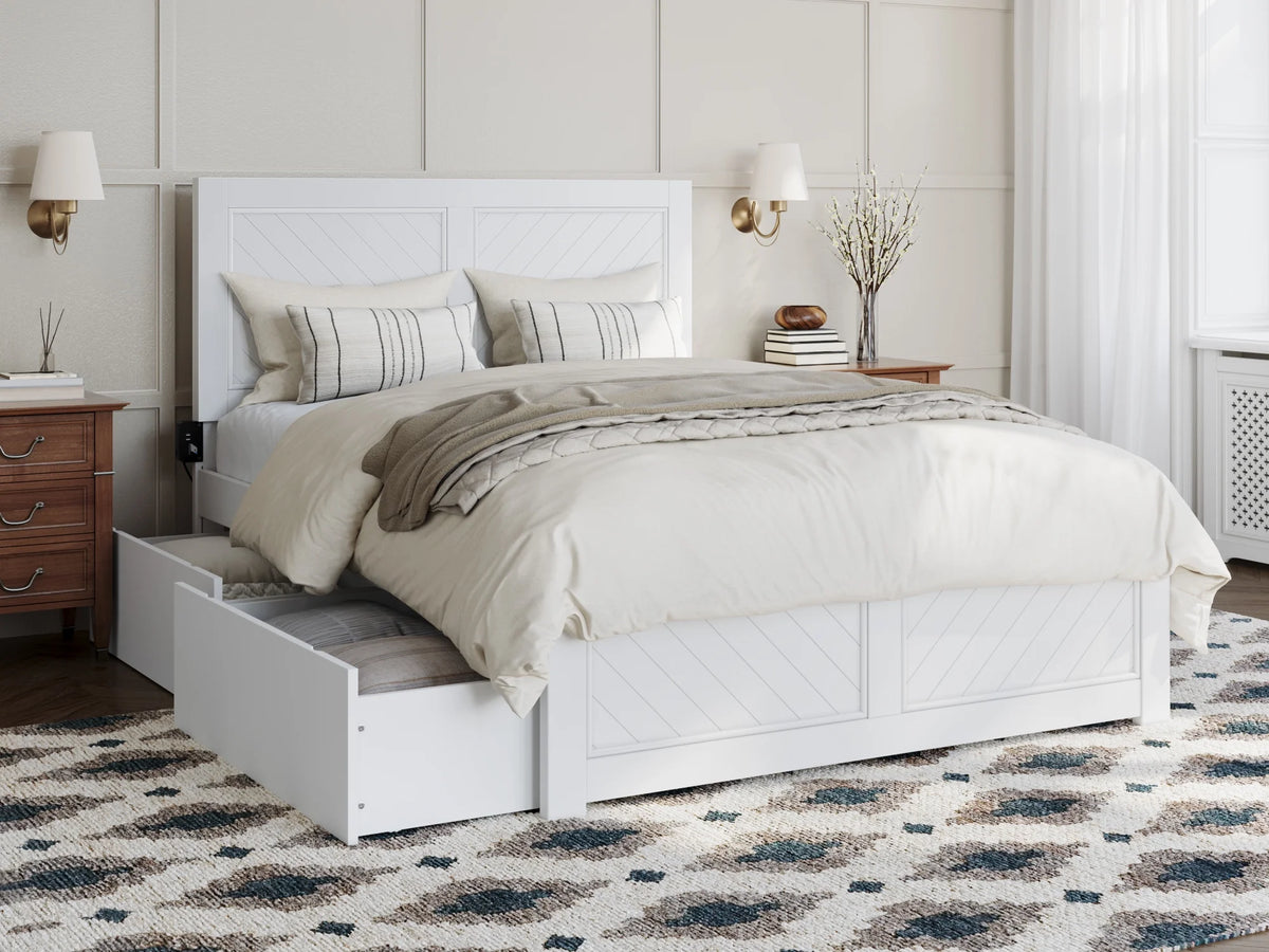 White Solid Wood Platform Bed with Storage Drawers O22073