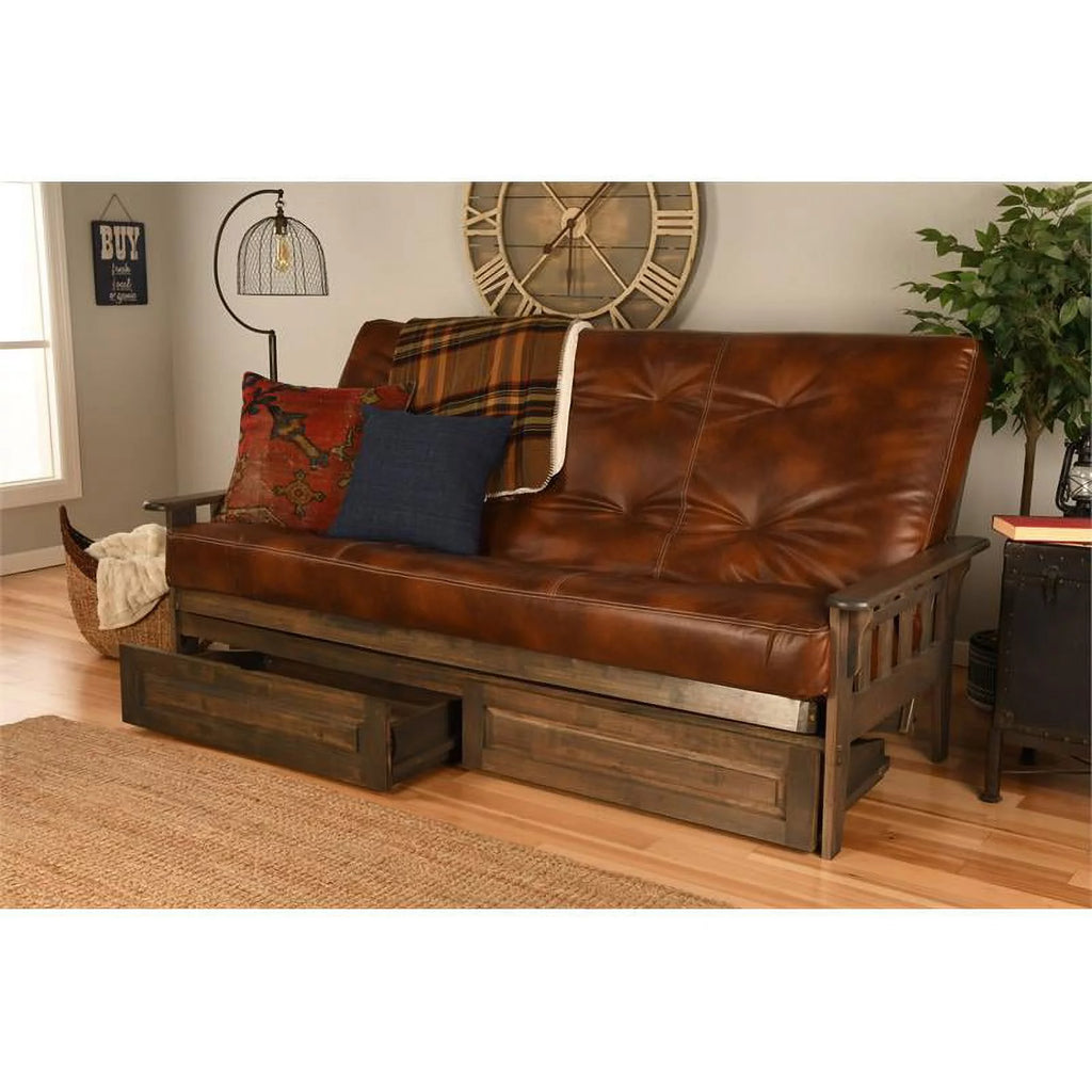 Queen Storage Futon with Brown Faux Leather Mattress I5361