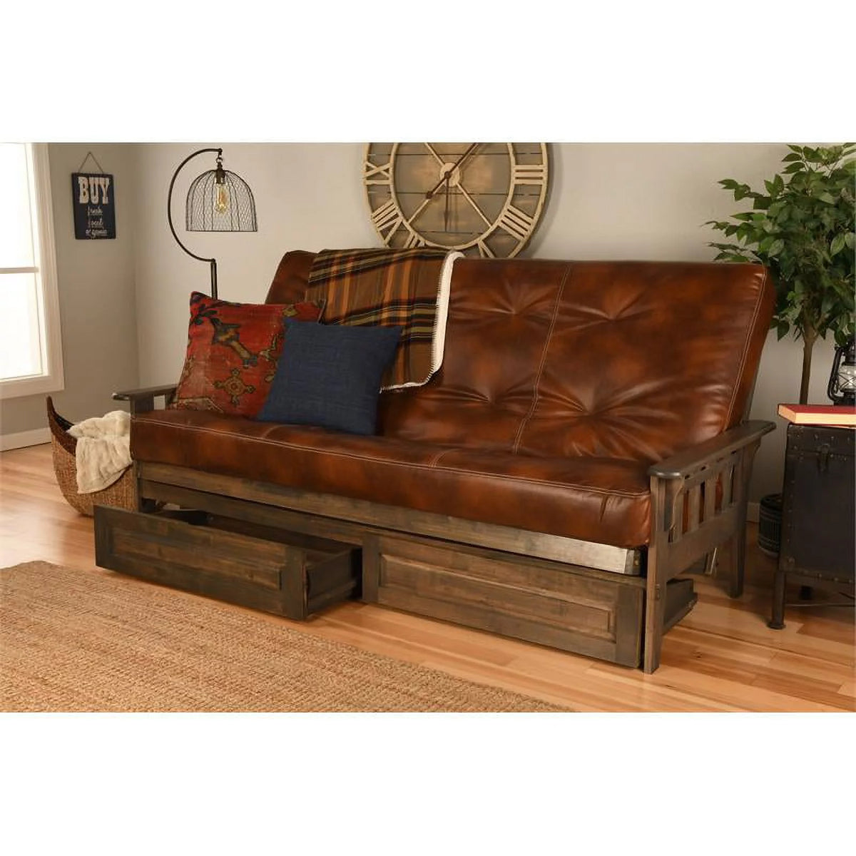 Queen Storage Futon with Brown Faux Leather Mattress I5361