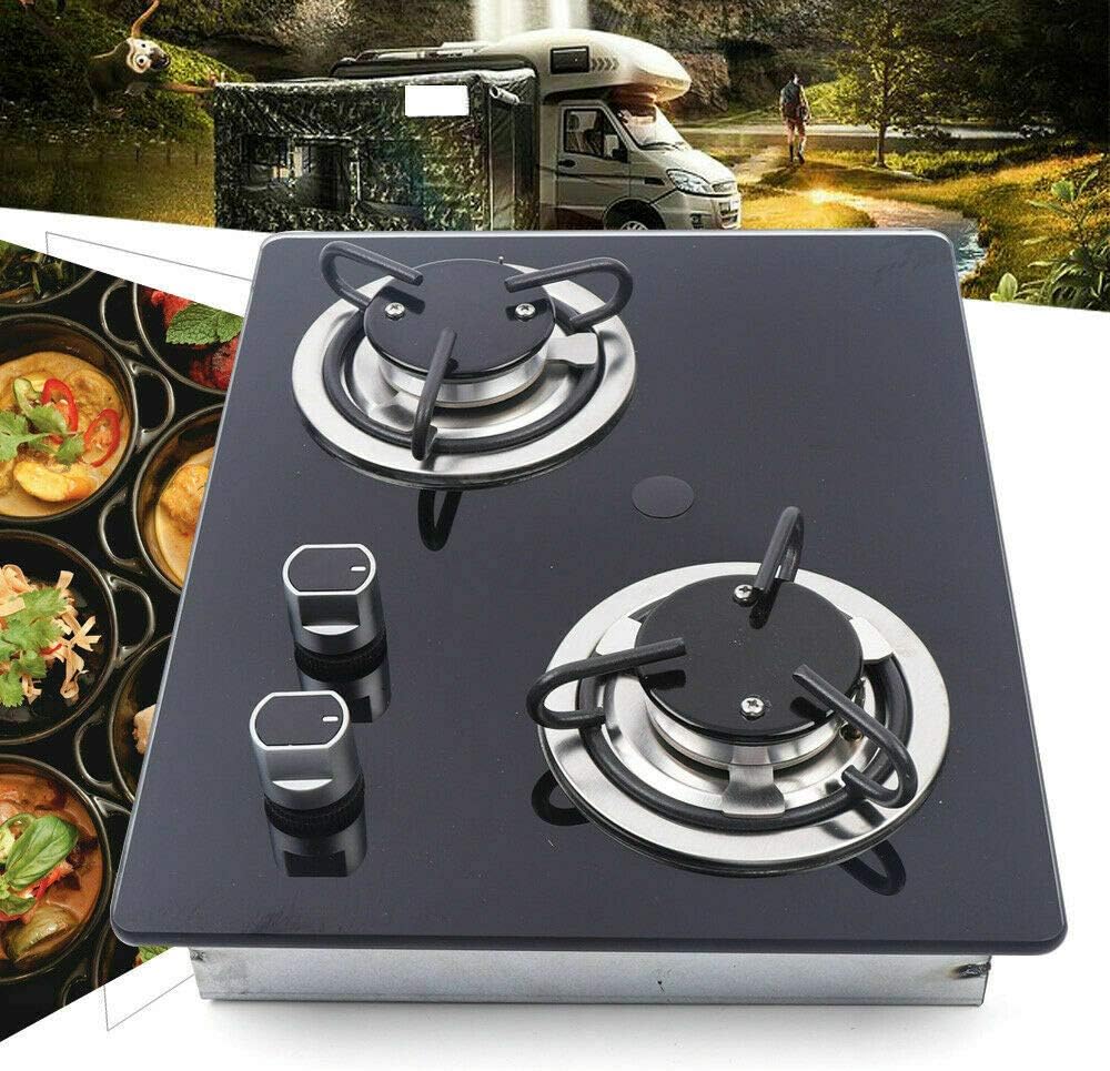2 Burners Built-in LPG RV Cooktop Gas Hob with 8mm Black Tempered Glass Panel B6938
