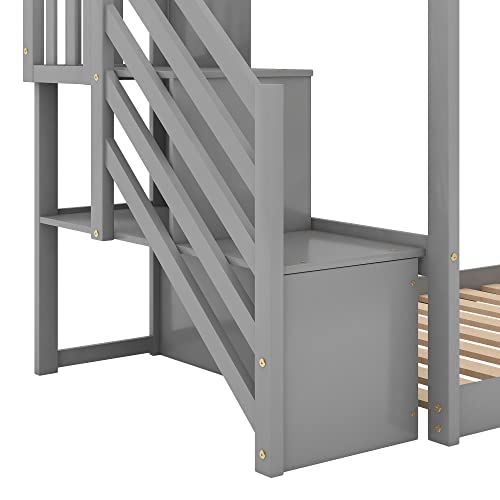 Twin Over Twin Solid Wood Bunk Bed with Slide and Storage Stairs F94435