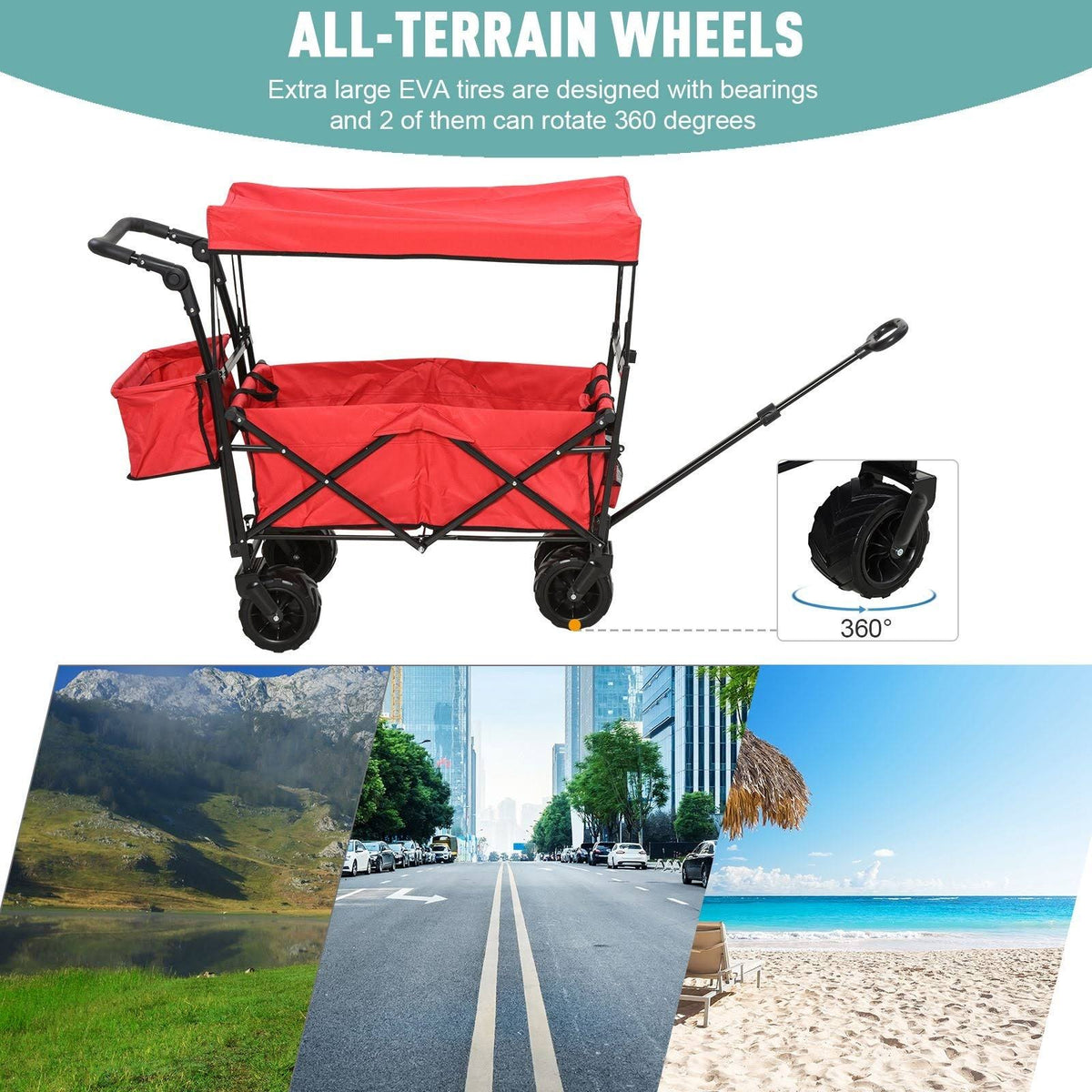 Red Collapsible Garden Utility Cart Wagon with Adjustable Handle, Canopy & All-Terrain Wheels O413