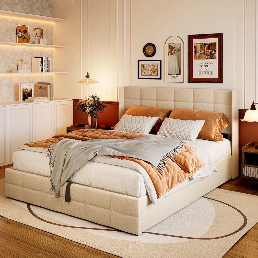 Beige Full Size Hydraulic Storage Bed Frame with Wingback Headboard H88660
