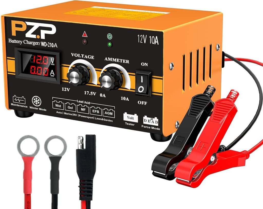 12V 0-10A Automatic Battery Charger and Maintainer with SAE Adapters, Battery Clamps and O-Ring Connectors M87258