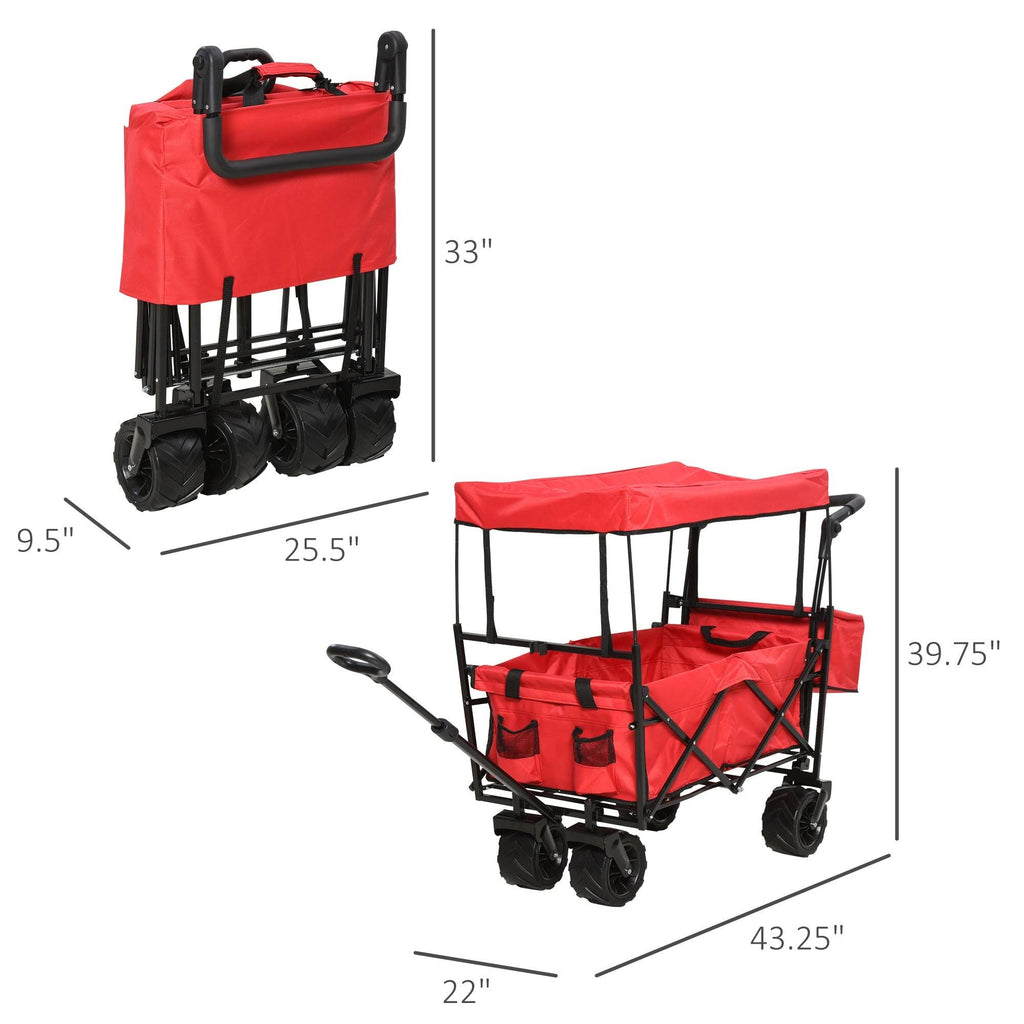 Red Collapsible Garden Utility Cart Wagon with Adjustable Handle, Canopy & All-Terrain Wheels O413