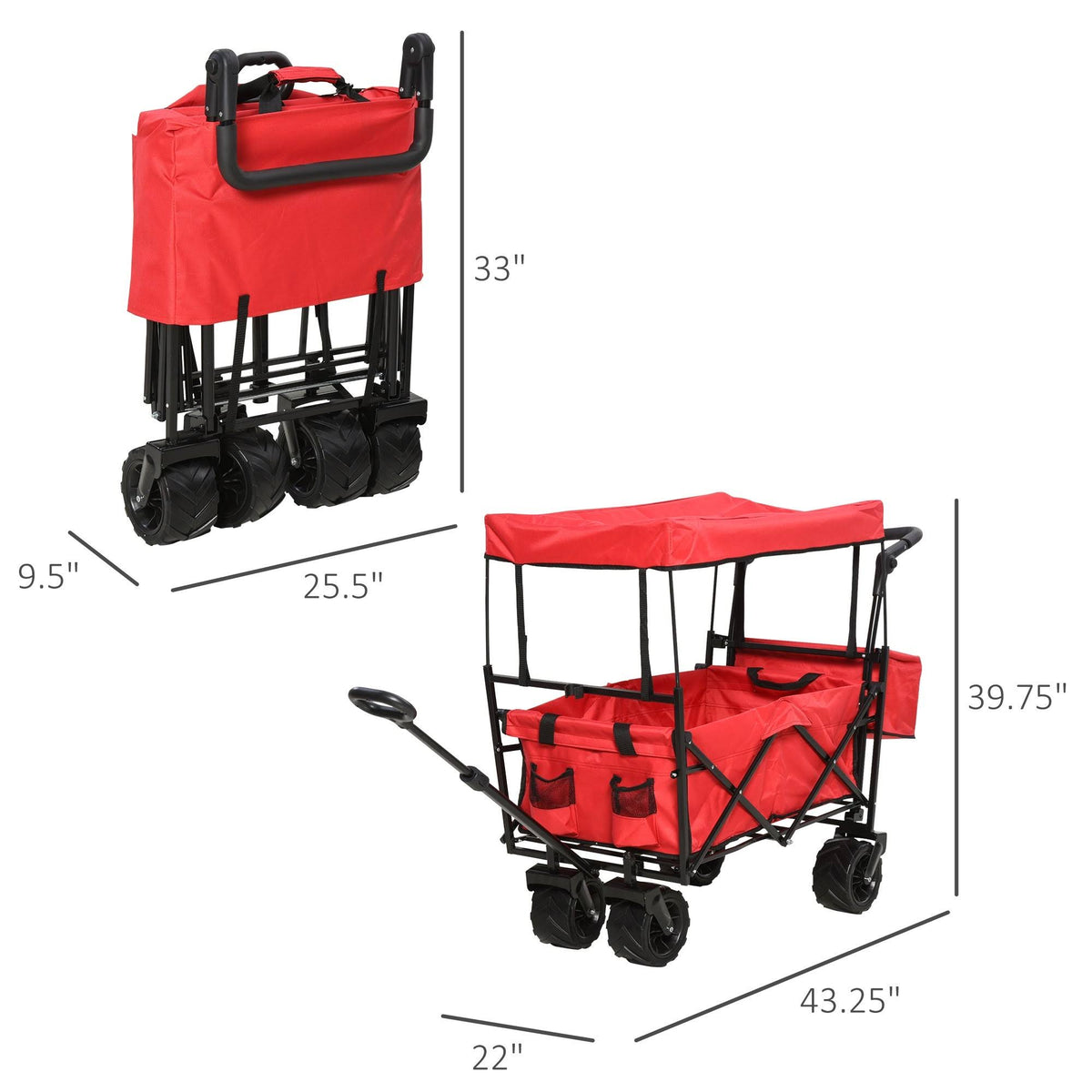 Red Collapsible Garden Utility Cart Wagon with Adjustable Handle, Canopy & All-Terrain Wheels O413
