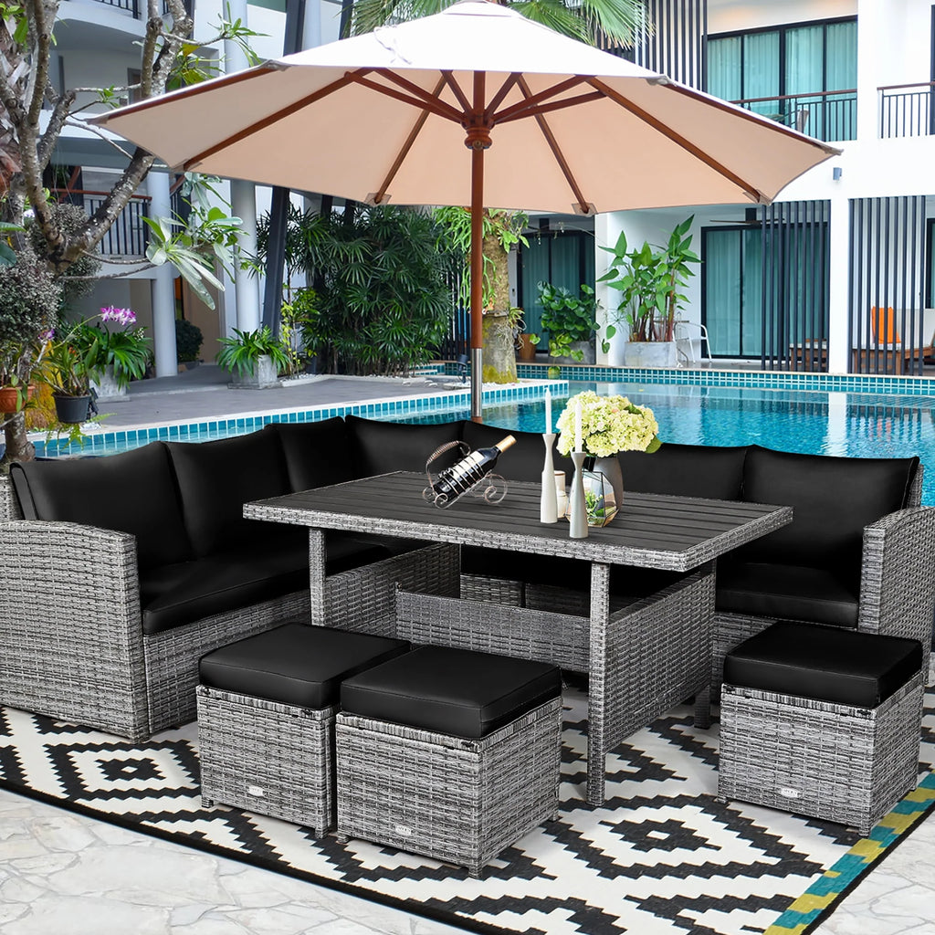 7 Pcs Patio Rattan Dining Set Sectional Sofa Couch Ottoman Black Z49626