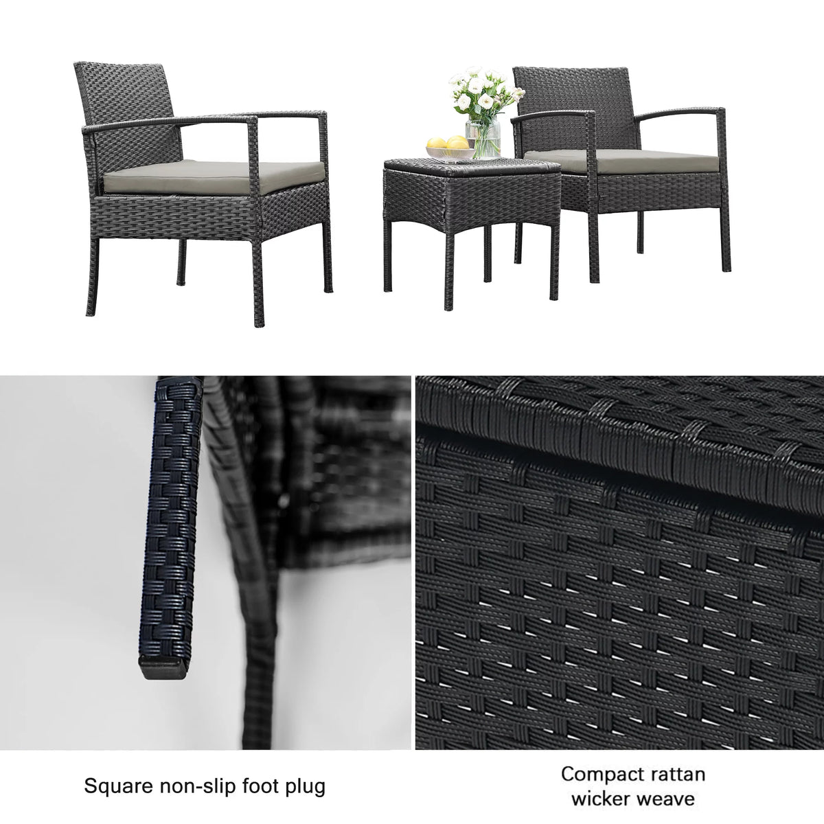 3 Pieces PE Rattan Wicker Chairs and Table Set T190977