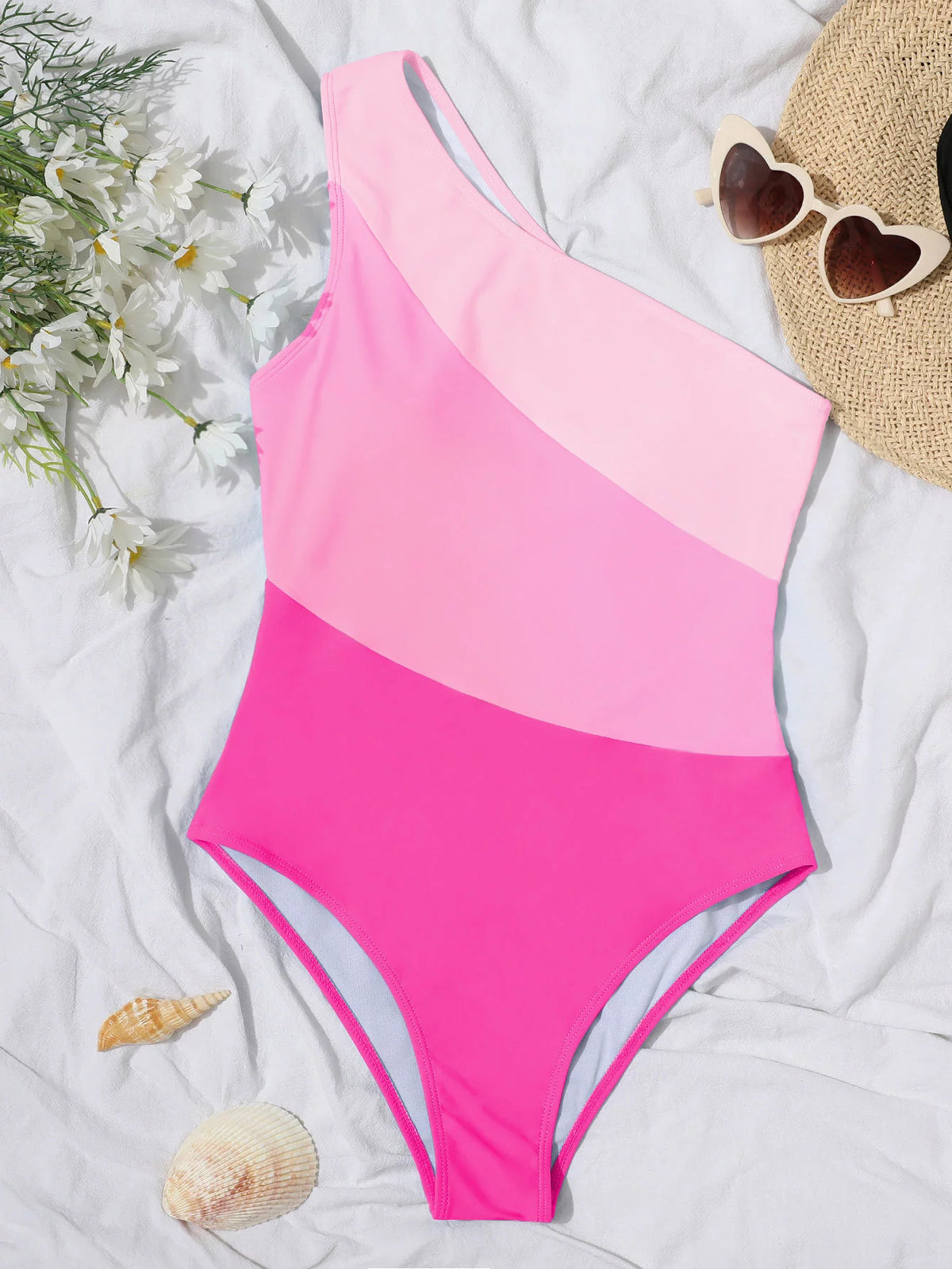One Piece Color Block One Shoulder Cut Out Swimsuit Hot Pink M F582520