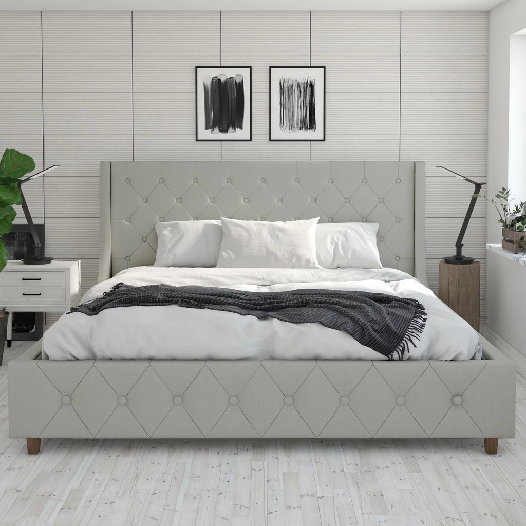King Light Gray Linen Upholstered Bed V743508