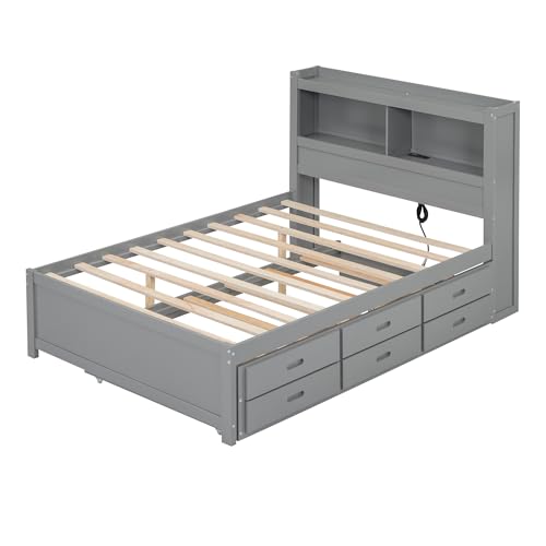 White Full Size Wood Storage Bed with Bookcase Headboard and Trundle C21809