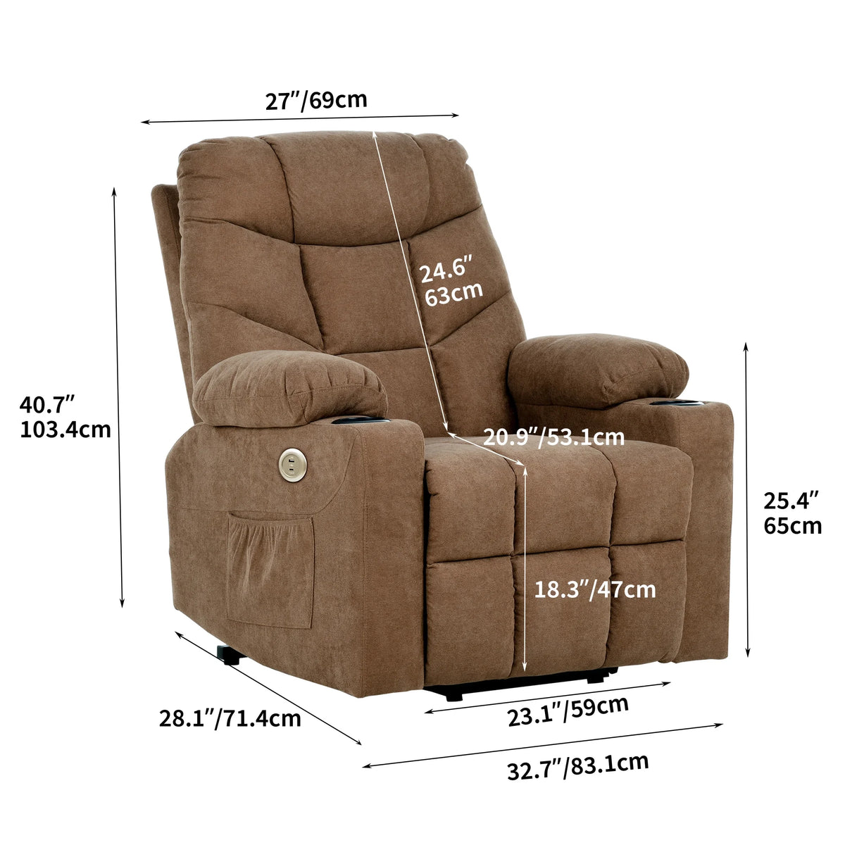 Brown Fabric Power Lift Recliner Chair with Massage and Heat Q79541