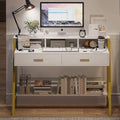 White and Gold Computer Desk with Drawers and Monitor Stand C842455
