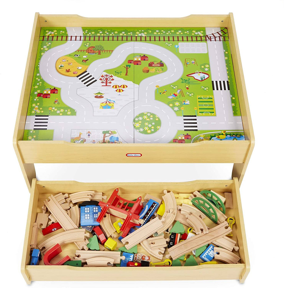 Deluxe Over 80 Piece Hand Painted Wooden Train Table Set with Tracks, Trains & Accessories O29456
