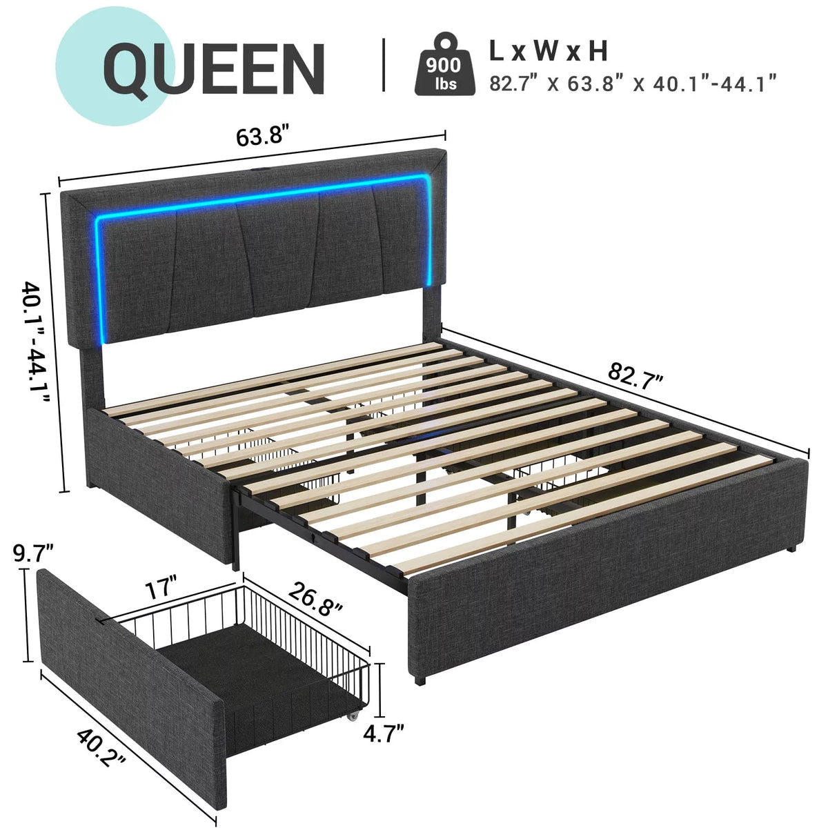 Dark Grey Queen Size Upholstered Platform Bed with 4 Storage Drawers E69959