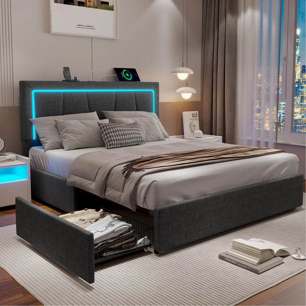 Dark Grey Queen Size Upholstered Platform Bed with 4 Storage Drawers E69959