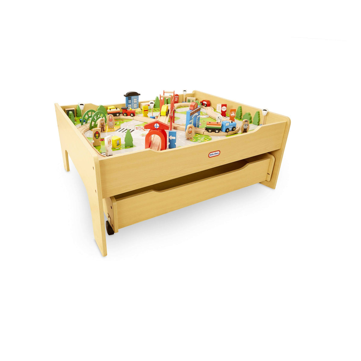 Deluxe Over 80 Piece Hand Painted Wooden Train Table Set with Tracks, Trains & Accessories O29456