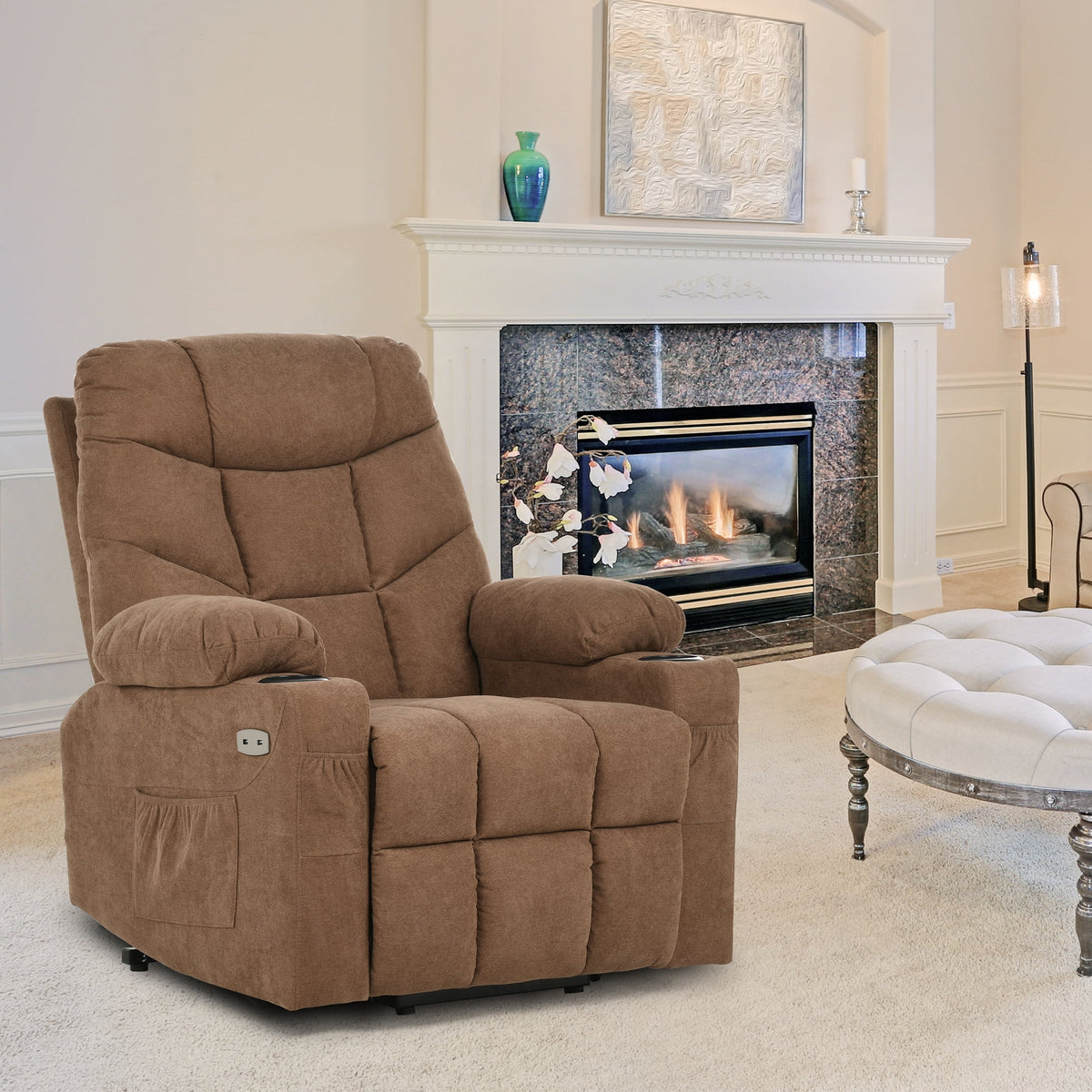 Brown Fabric Power Lift Recliner Chair with Massage and Heat Q79541